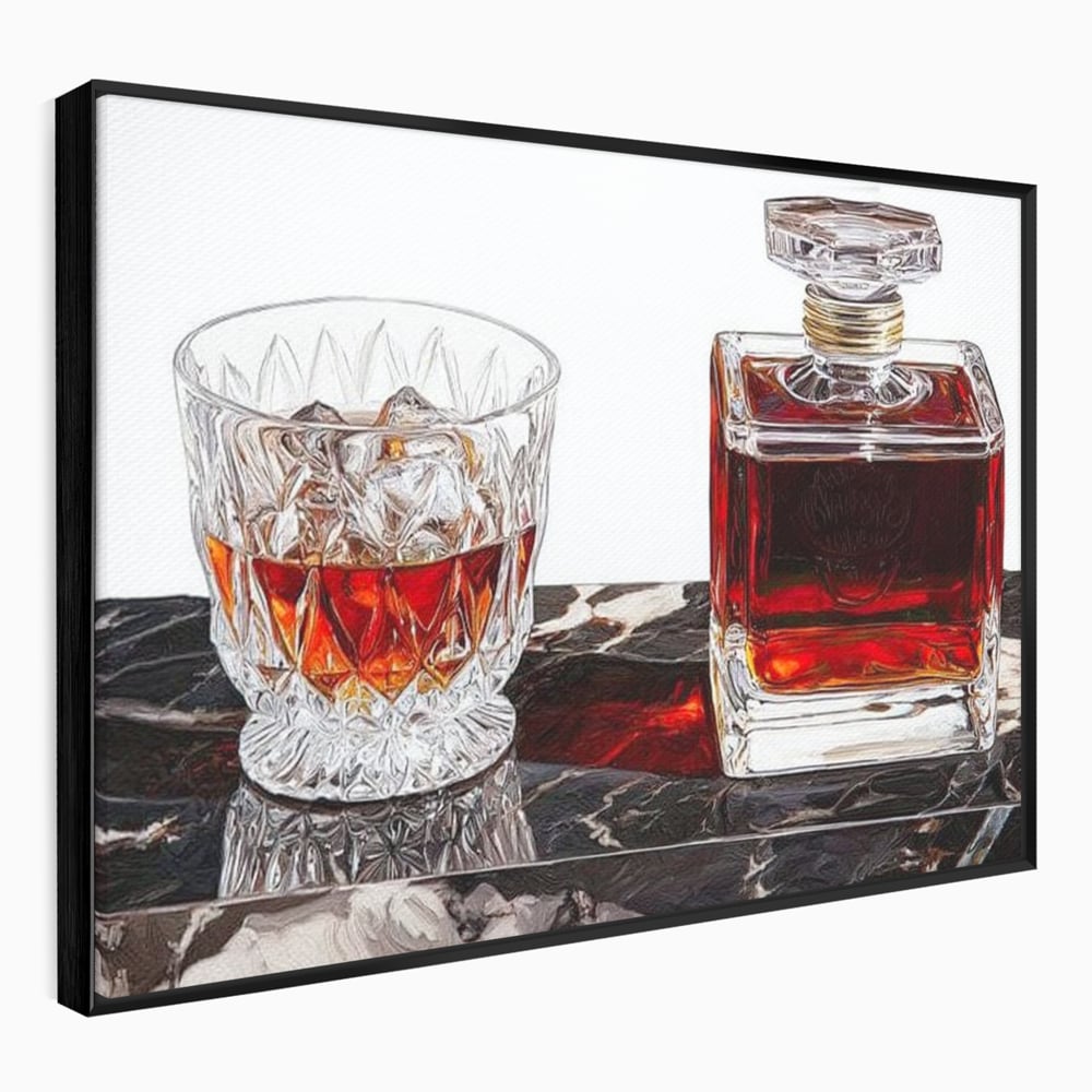 Tablou canvas cu tablou canvas cu pahar de whisky si carafa, in rama de aluminiu negru